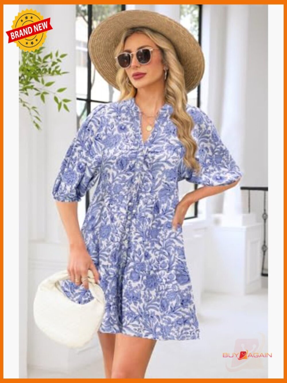 Floral Boho Shift Dress Casual V Neck Puff Sleeve Flowy Mini Dress - Picture 6 of 7